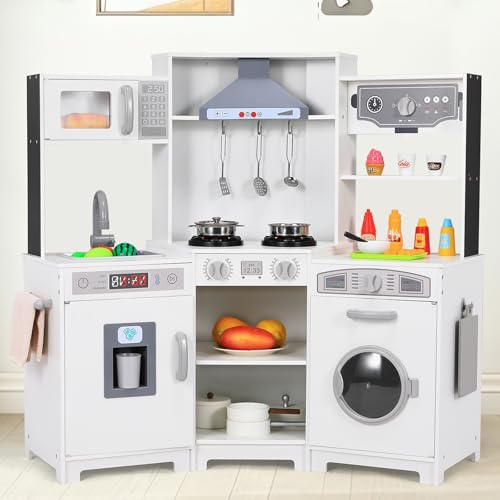 MAMIZO Eck Spielküche mit Licht und Sound, Kinderküche Holz, Puppenküche Holz für Kinder, 102x30x92 cm Kinderküchen, Kleinkinderküche mit Küchenzubehör, Weiße, Spielzeug für Kinder ab 3 Jahren