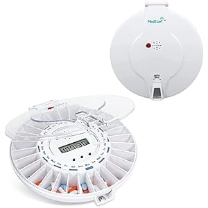 Med-E-Lert Premium Locking Automatic Pill Dispenser 28 Slot Electronic Medication Organizer (Clear and Solid White Lids)