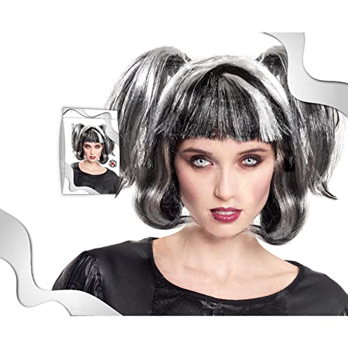 Tradineur - Peluca corta de bruja con coletas - Fabricado en Fibra sintética - Complementos de disfraces para carnaval, halloween u otras celebraciones - Color blanco y negro..