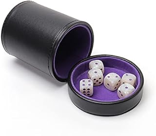 Luck Lab Leather Dice Cup with Lid Including 6 Matching White Pearl and Purple Dice - Purple Velvet Interior for Quiet Shaking - Use for Liars Dice Farkle Yahtzee Board Games, Black