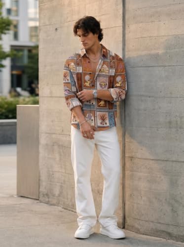 Image of Mens Cotton Cat Printed Shirt Collar Neck Full Sleeves Casual Shirt Regular Fit Button Down Shirt