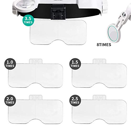 INTSUN LED Headband Magnifier Magnifying Lamp Llluminated Magnifying Glass with Light Hands Free for Reading,Jewellery Loupe and Electronic Repair- 6 Detachable Lens 1.0X, 1.5X, 2.0X, 2.5X, 3.5X
