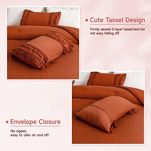 Cozytide Terracotta Bedding Set Queen, 3 Pcs Ultra Soft Boho Tassel Comforter Set, 100% Washed Microfiber Inner Fill All Season Bedroom Bedding (1 Burnt Orange Comforter, 2 Fringe Pillows Cases) #TOP3