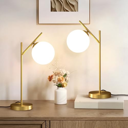 Image of Globe Table Lamp Set of 2, Brass Glass Globe Desk Lamp with Milky White Glass Shade, Contemporary Metal Bedside lamp for Bedroom Living Room Study Room