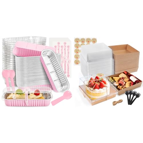 Bundle of Mini Loaf Pans with Lids and 40 Pack Small Cake Boxes for Cupake Pudding Party Wedding Birthday
