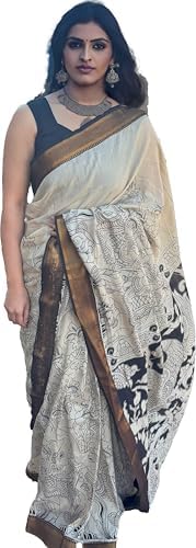 Traditional Mangalagiri Outline Kalamkari Saree, Fish Design, Off-White and Black with Gold Border