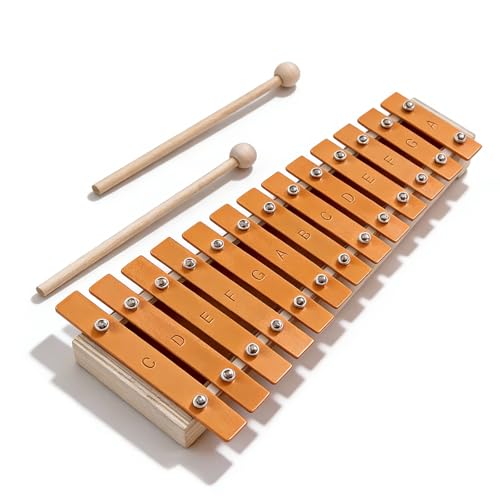 13 Note Glockenspiel Xylophone with Metal Keys and Wooden Base - Complete Percussion Musical Instrument Set Includes 2 Mallets for Beginners and Classroom Music Learning(LPXP-01)