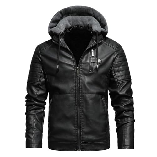 Oanviso Veste en Cuir Homme à Capuche Blouson de Moto E Noir L