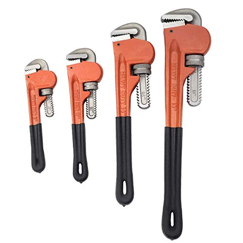 GOFLAME Pipe Wrench Set 4 Piece Adjustable 8" 10" 14" 18", Heat Treated