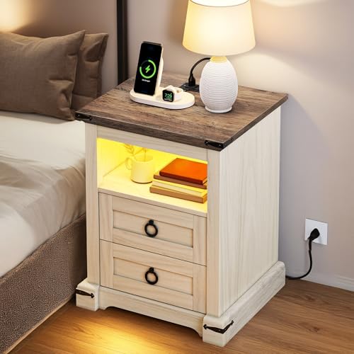DWVO Farmhouse Nightstand with Charging Station, 2 Drawers Night Stand for Bedroom, LED End Table Side Table w/Open Shelf, Off White+Walnut Grain