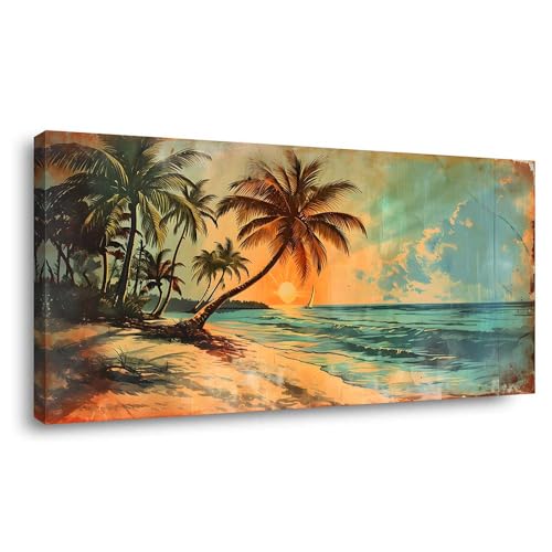 Vintage Tropical Beach Canvas Wall Art Retro Ocean Sunset Painting