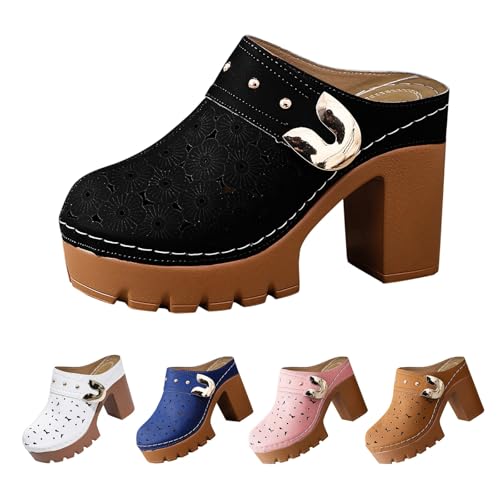 Zuecos para mujer con tacón Slip-ins cómodos ortopédicos transpirables zuecos de jardín plataforma sandalias de cuña sandalias de cuero sandalias sin espalda Hollow Out zapatos de verano 36-43 EU