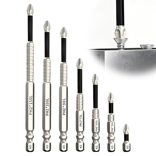 7 Stück High Magnetic Screwdriver Drill Bit Set,Hochmagnetisches Schraubendreher Bit Set,Anti-Rutsch Phillips Bits für Elektrobohrer (150 100 90 75 65 50 25mm)