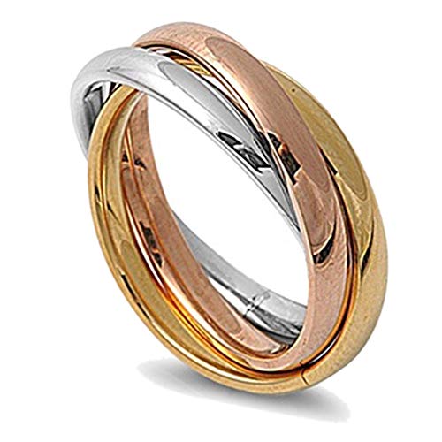 Double Accent 3MM Stainless Steel Tri Color Interlocked Rolling Band Ring (Size 3 to 13), 7