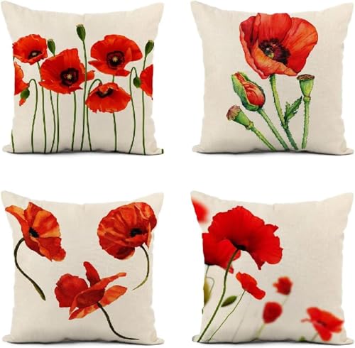 Coussins d'extérieur imperméables lot de 4 housses fleur de coquelicot