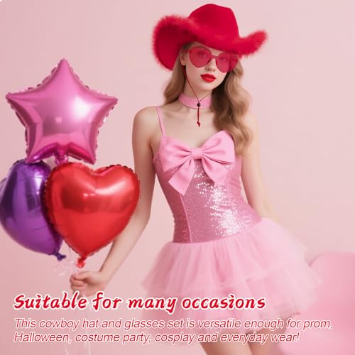 DRESHOW Cowboy Hat with Fluffy Feathers & Heart Shaped Sunglasses Set for Women Men Western Felt Cowboy Hats for Halloween
