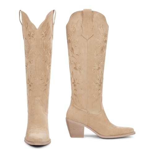 Image of wetkiss Cowboy Boots Womens Knee High Cowgirl Boots Embroidered Pointed Toe | Cowgirl Boots, Retro Embroidery, Block Heel, Stable and Comfortable, Pull-On, Style for a Classic Vintage Western Look