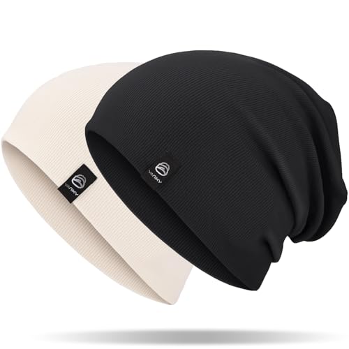 YANIKY Slouchy Beanie for Women, Mens Beanie Hat, Soft Comfortable Cotton Double Layer Windproof Skull Cap Beanie Suitable for All Seasons (Black+White)