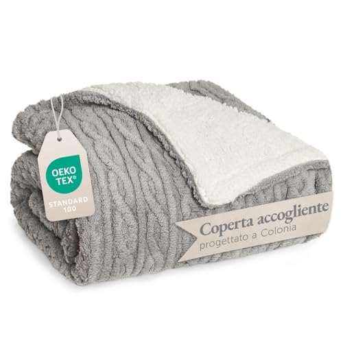 Blumtal coperta pile plaid 150x200 cm con disegno a treccia - coperta divano invernale con certificato OEKO-TEX - coperta pile in microfibra - morbida coperta sherpa sul rovescio - pleid grigio/bianco