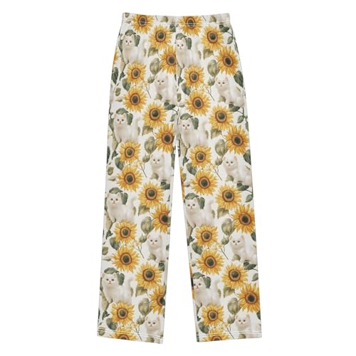 White Cat Sunflowers 3 Long Pajama Pants Bottoms Soft Sleepwear with Pockets