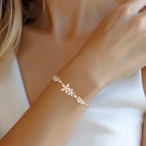Dainty Gold Flower Bracelets for Women, Trendy Sparkly Adjustable Non Tarnish Box Chain Opal Marquise Rhinestone Slider Bracelet Spring Prom Holiday Jewelry Gift2