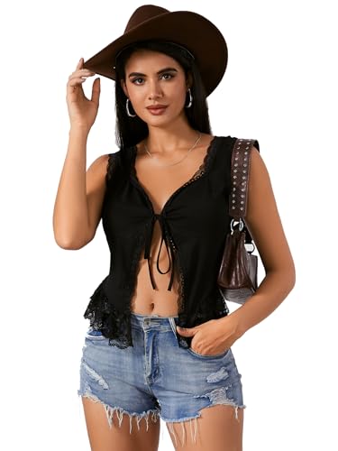 OYOANGLE Women's Summer Casual Tie Front Top Sleeveless V Neck Lace Trim Going Out Crop Blouse