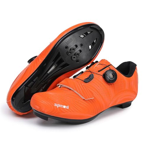 Treer Chaussure Velo Route Hommes, Chaussures Velo Route Chaussures de Cyclisme Homme et Femmes VTT Velo Route avec Crampons Antidérapants Semelle Dure 36 EU-47 EU (Orange,43)