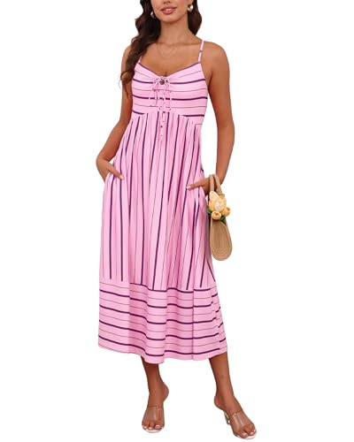 Image of Fashionme Womens Summer Maxi Dresses 2026 Trendy Striped Vacation Boho Beach Spaghetti Strap Sundress Back Tie with Pockets