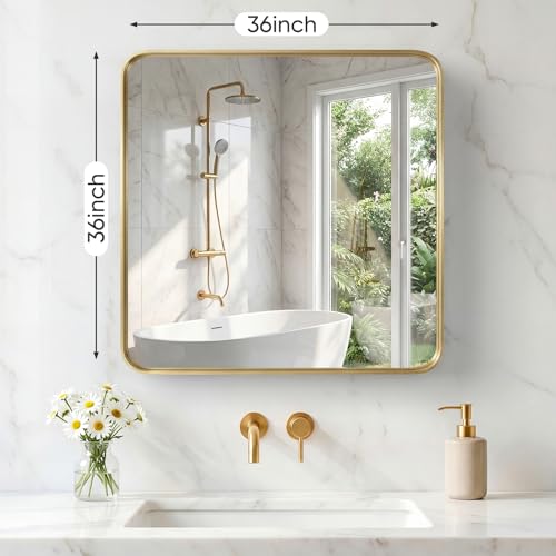 Image of NEWBULIG 36X36 Inch Bathroom Mirror for Over Sink, Wall Vanity Mirrors Tempered Glass, Anti-Rust Metal Framed Rounded Rectangle, Hangs Horizontally or Vertically, Farmhouse Home Decor, Gold
