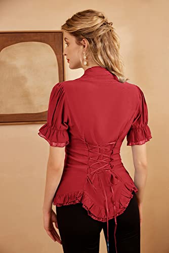 Red Peplum Blouse for Women Vintage Short Sleeve Top Dressy Button Down Shirt Work Shirt Red L