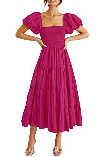 PRETTYGARDEN Women's Casual Summer Midi Dress Puffy Short Sleeve Square
