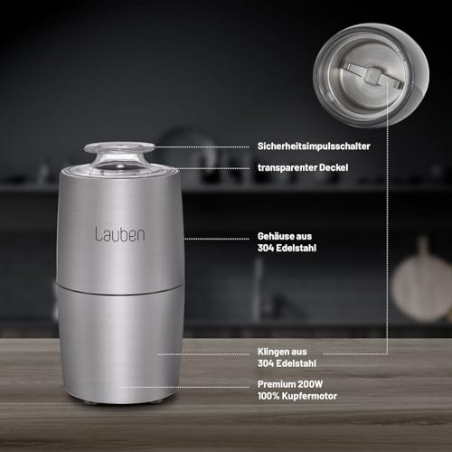 Lauben Grinder 200ST Kaffeemühle Elektrisch, Edelstahlkörper, 200 W, Gewürzmühle, Schlagmesser, Fassungsvermögen 50 g, Vollkupfermotor… – Ansicht 4