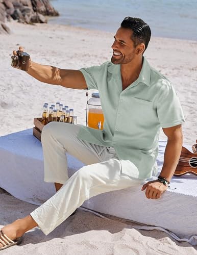 Image of COOFANDY Men's Button Down Shirts Short Sleeve Casual Shirts Summer Beach Linen Shirts with Pocket