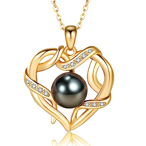 Christmas Gifts for Women- Tahitian Black Pearl- Heart Necklace- Wife Mom Girlfriend Her- Anniversary Birthday- Mothers Day Valentine's Jewelry Gifts Real 9-10mm Pearl Pendant