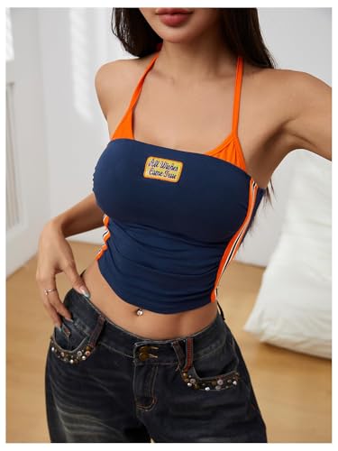 SOLY HUX Women's Halter Crop Tops Y2K Color Block Embroidered Cami Top Summer Sleeveless Slim Fitted Top2