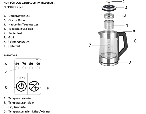 Emerio Glas Teekocher mit Temperaturwahl [50|70|80|90|100°C], WK-122730, Wasserkocher, manuelles Teesieb aus Edelstahl entnehmbar, Borosilikatglas, BPA frei, 1.7l Volumen, 2200 Watt, Silber