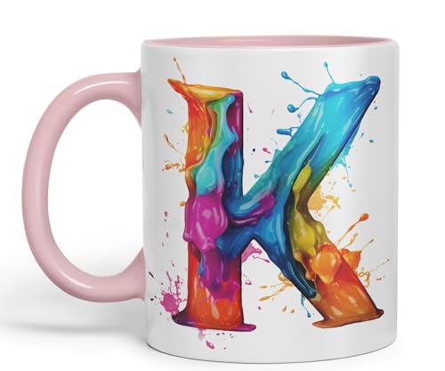 Vixar Tazza con lettera K, con monogramma dell'alfabeto K, in ceramica, colorata, per tè, caffè, birra calda, 330 ml, idea regalo (rosa)