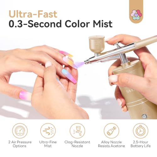 Image of SAVILAND Airbrush for Nails 25 PSI Nail Airbrush Machine Gold | 0.3mm DLC-Coated Nozzle, Flow-Locked Atomization & Steady Output, Dual-Charge Cordless Portable AirBrush for Nail Art