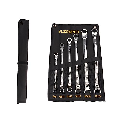 FLZOSPER 6-Piece Extra Long Flex-Head Double Box End Ratcheting Wrench Set, Metric 8-19mm, CR-V Steel Spanner with Portable Pouch