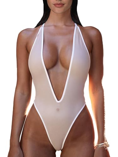 KJSUHFN Women's Deep V Teddy Sheer Mesh Babydoll Bodysuit Underwear (White, Small)