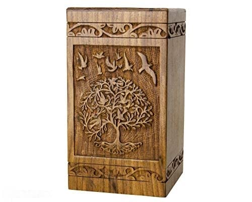 SIC Cremation Urn for Human Ashes - Wooden Tree of Life Box for Male Dad, Female Mom, Dogs - Small Burial Funeral Memorial Casket Holds 115lbs