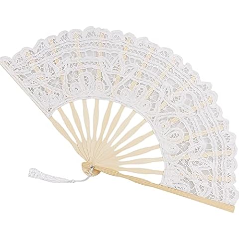 Propupy Folding Hand Fan Womens Lace Fan Elegant Cotton Fan Handmade Vintage Retro Fan with Bamboo Staves and Silk Tassels for Wedding Bridal Shower Dancing Party (White) Cover