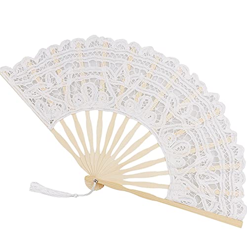 Propupy Folding Hand Fan Womens Lace Fan Elegant Cotton Fan Handmade Vintage Retro Fan With Bamboo Staves And Silk Tassels For Wedding Bridal Shower Dancing Party (White) #TOP23