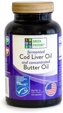 Green Pasture Fermented Cod Liver Oil & Butter Oil Blend - Wild Alaska Cod, Vitamins A & D, Omega-3-6-9, MSC Certified, 120 Capsules