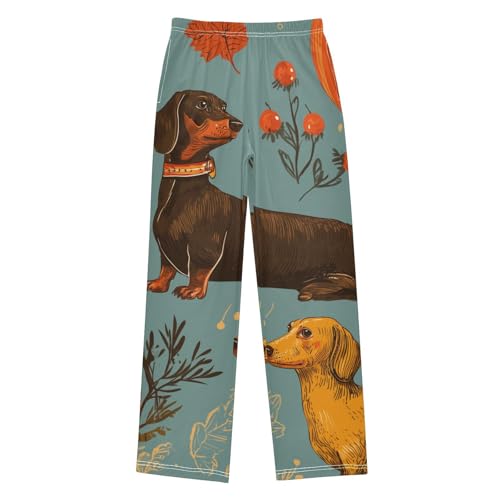 Dachshund Pumpkin Florals Boys Long Pants Soft Trousers Elastic Waist Kids Lounge Bottoms with Pockets S-XL