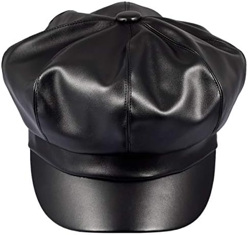 Samtree Women Newsboy Hats, Visor Beret Cabbie Hat 8 Panel Ivy Cap PU Leather (Black)