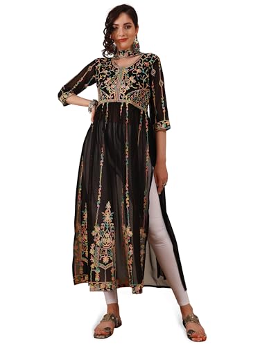 Image of EthnicJunction Women's Georgette Embroidered and Sequence Work Naira Cut Kurta and Dupatta Set