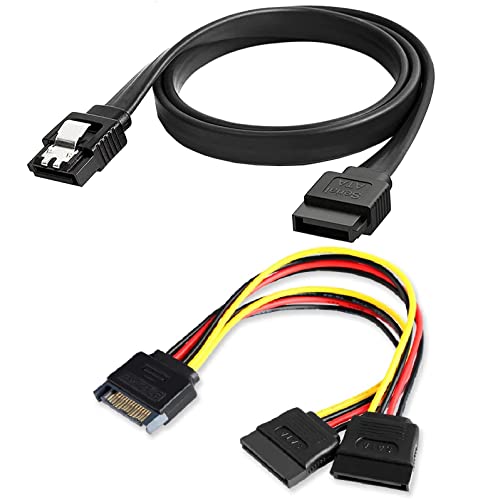 Image of TAAPSEE SATA Data Cable with Locking Latch 16 Inch & 15 Pin SATA Male to Dual 15 Pin Female Power Y Splitter Cable Adapter 8 Inch for Hard Drive, HDD, SSD CD Drive(Black)