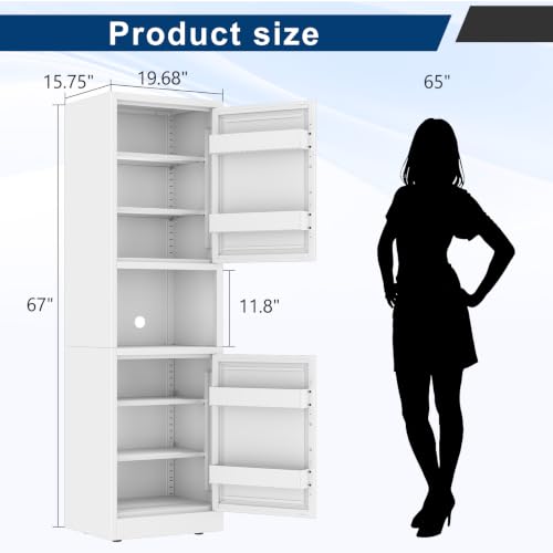Image of Tall Narrow Pantry Cabinet for Kitchen, 67 inch H Metal Storage Cabinet with Inner Door Storage Racks, Doors & 3 Adjustable Shelves for Dining Room, Living Room, Home Office, 20 inches Wide, White