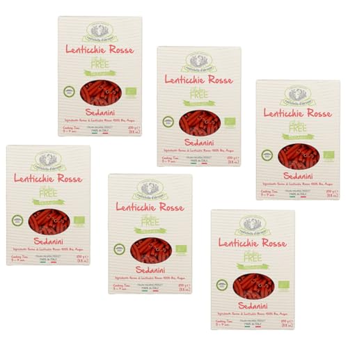 Rustichella d'Abruzzo | Sedanini de lentejas rojas | Pasta corta orgánica sin gluten de harina de lentejas rojas - 6 x 250 g | Pasta italiana artesanal vegana rica en fibra